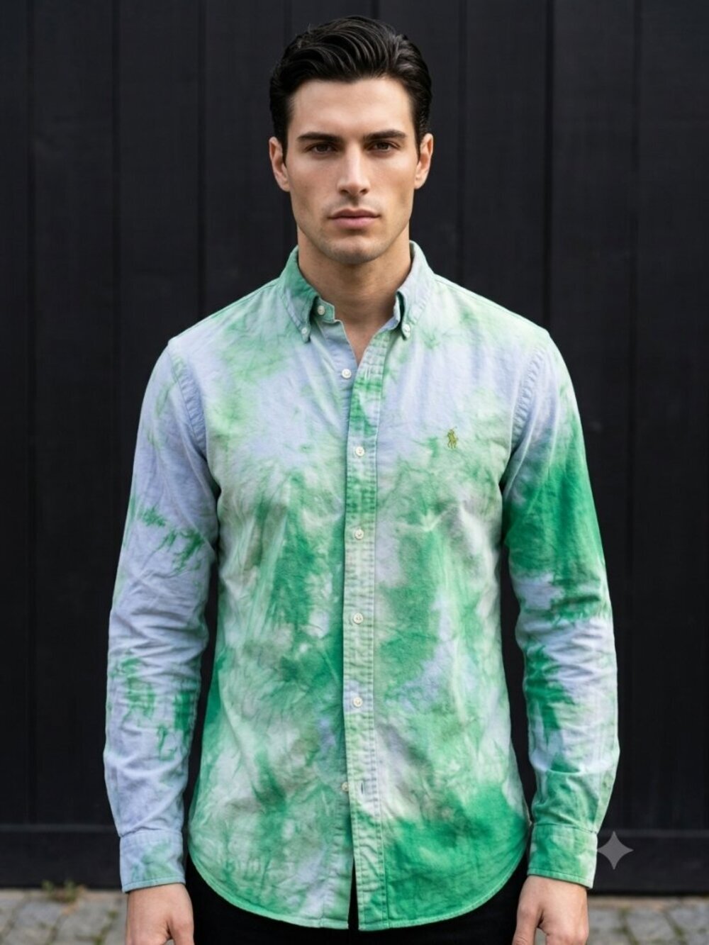 Ralph Lauren Blue Denim Tie Dye Green Shirt Button Up  Upcycle SIze Neck 17.5